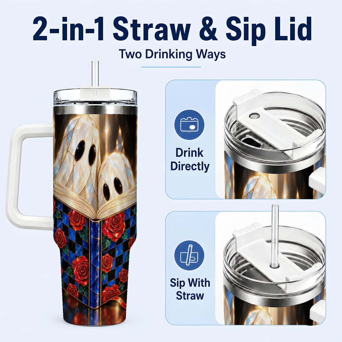 #pl[40oz|White] Crystal Ghost 40oz Tumbler, Rose Book Stainless Steel Travel Cup