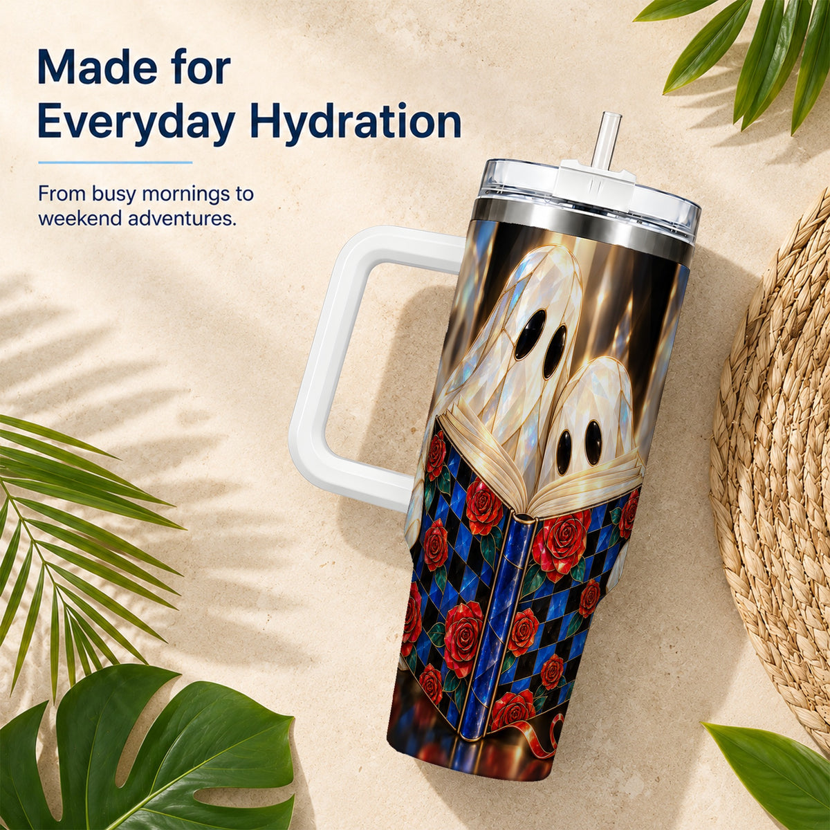 #pl[40oz|White] Crystal Ghost 40oz Tumbler, Rose Book Stainless Steel Travel Cup