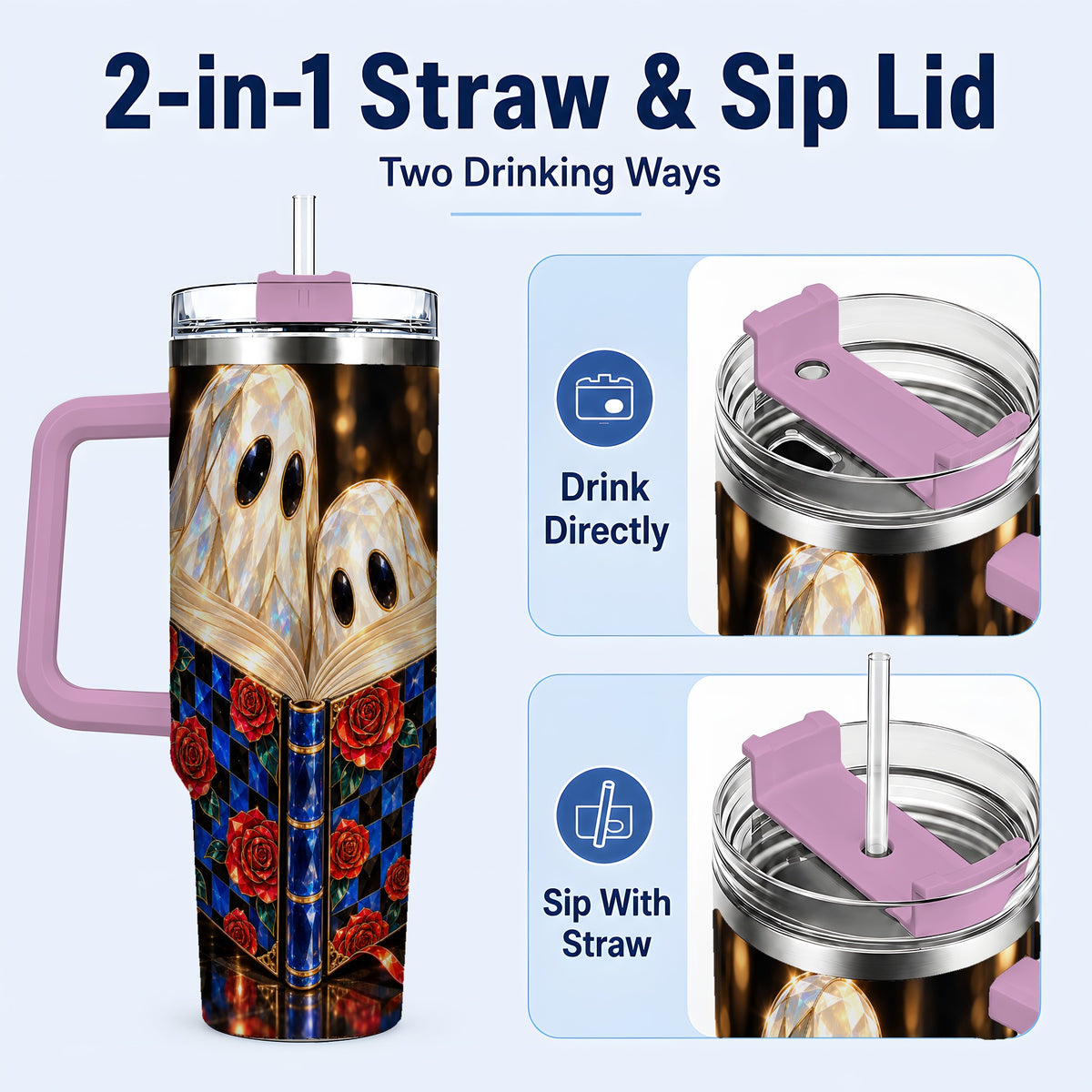 #pl[40oz|Pink] Jewel Ghost 40oz Tumbler, Rose Book Stainless Steel Travel Cup