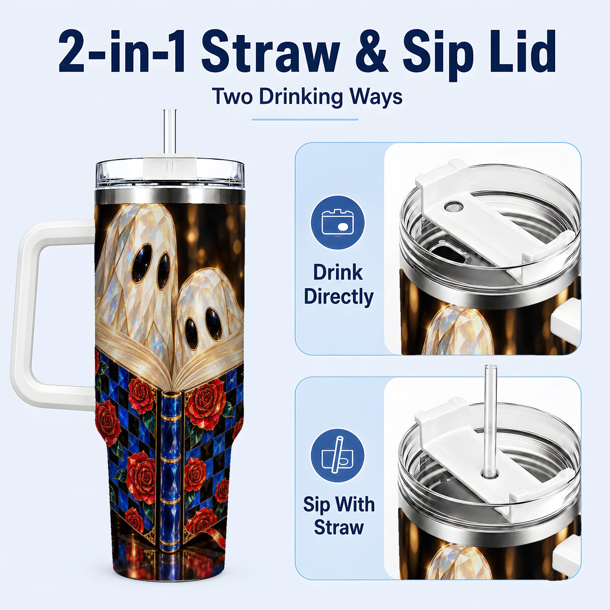 #pl[40oz|White] Jewel Ghost 40oz Tumbler, Rose Book Stainless Steel Travel Cup