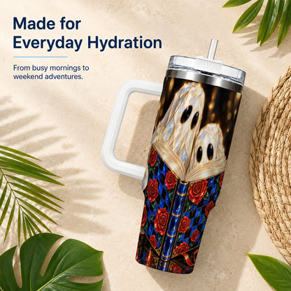 #pl[40oz|White] Jewel Ghost 40oz Tumbler, Rose Book Stainless Steel Travel Cup