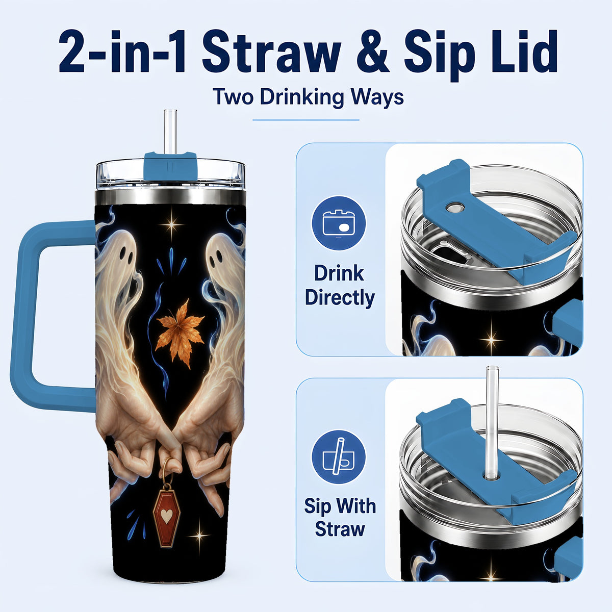 #pl[40oz|Blue] Ghost Hands 40oz Tumbler, Autumn Spirit Stainless Steel Travel Cup