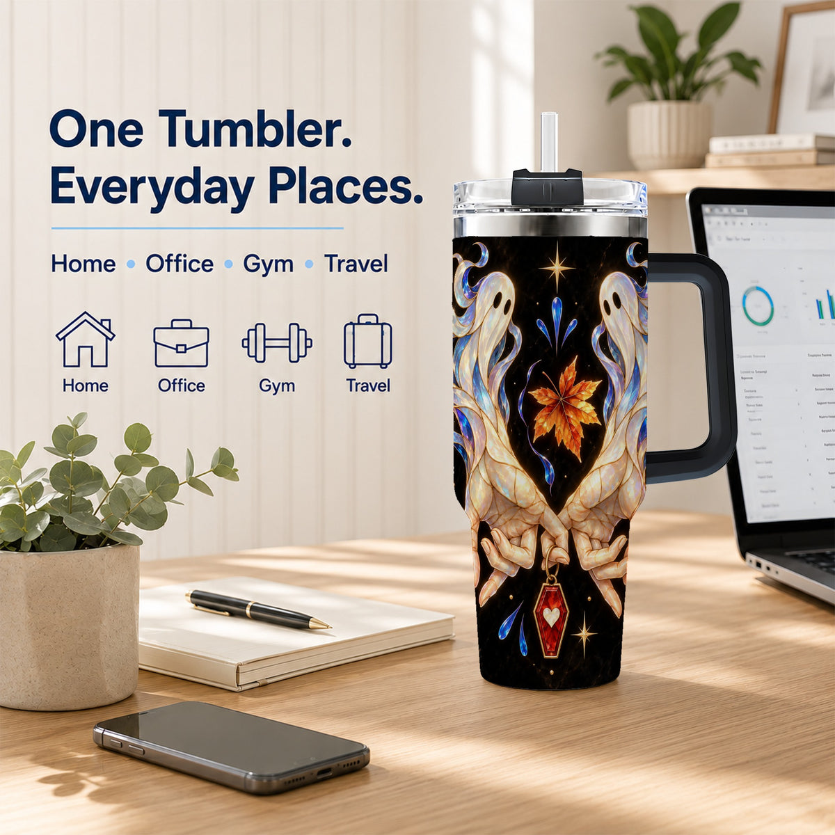 #pl[40oz|Black] Stained Ghost 40oz Tumbler, Autumn Spirit Stainless Steel Travel Cup