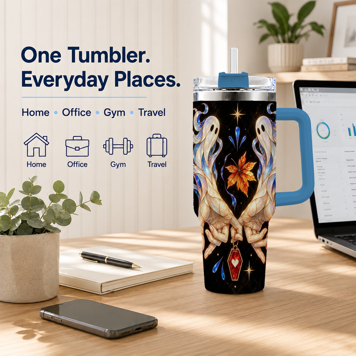 #pl[40oz|Blue] Stained Ghost 40oz Tumbler, Autumn Spirit Stainless Steel Travel Cup