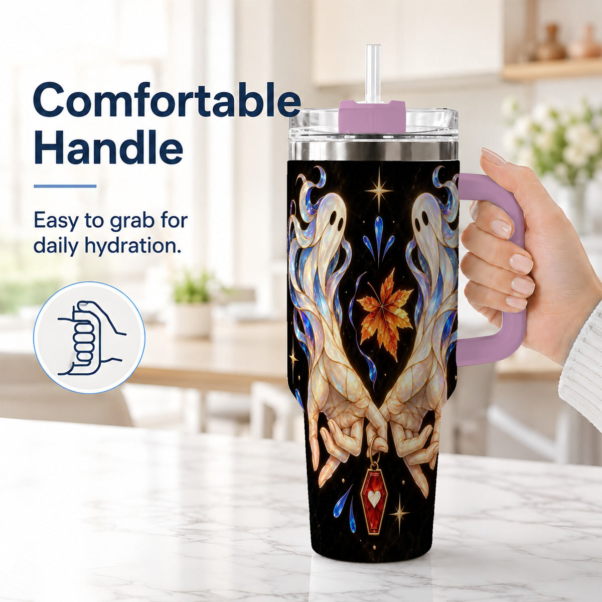 #pl[40oz|Pink] Stained Ghost 40oz Tumbler, Autumn Spirit Stainless Steel Travel Cup
