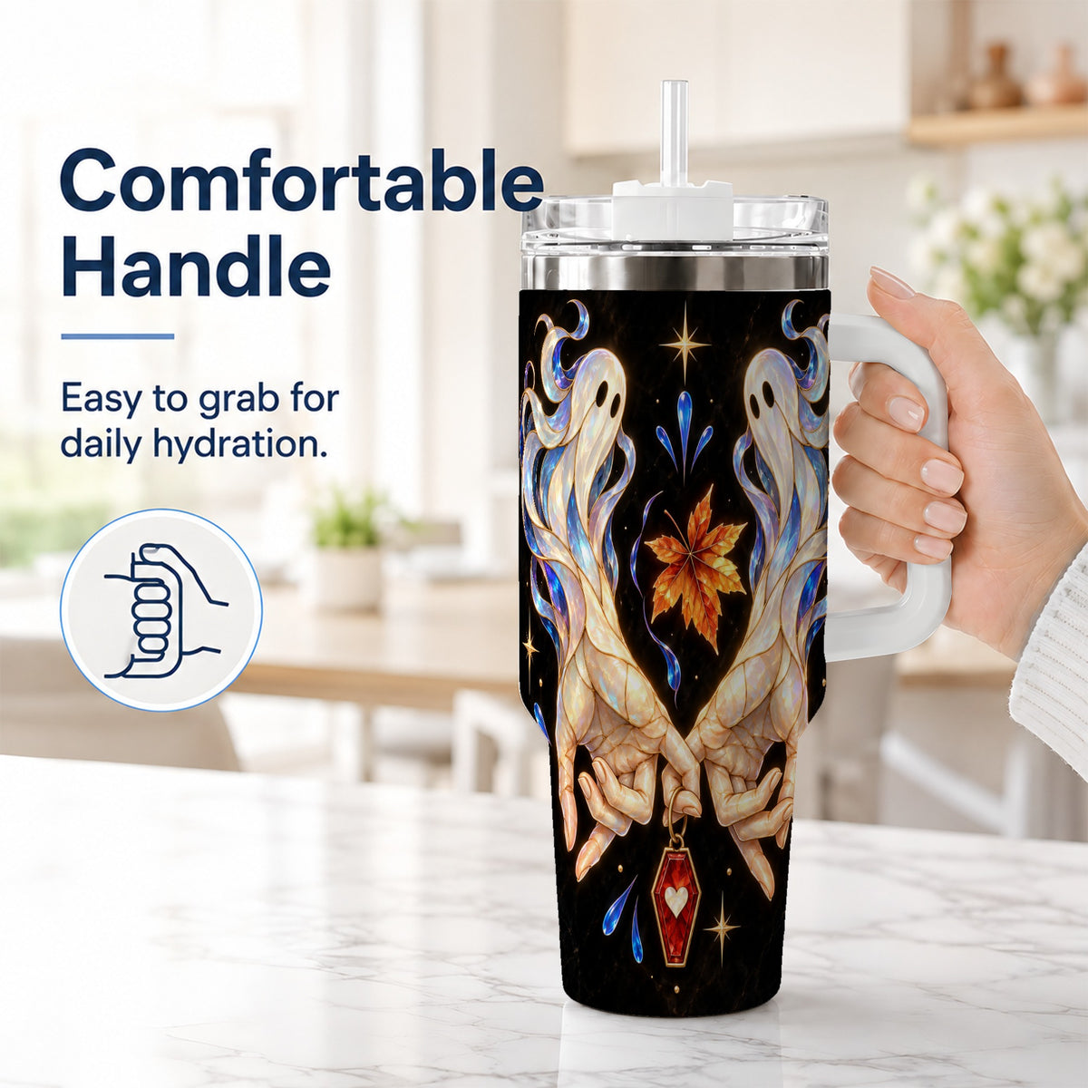 #pl[40oz|White] Stained Ghost 40oz Tumbler, Autumn Spirit Stainless Steel Travel Cup