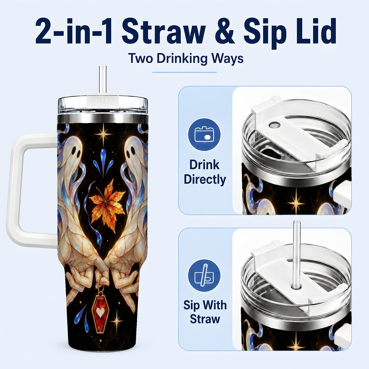 #pl[40oz|White] Stained Ghost 40oz Tumbler, Autumn Spirit Stainless Steel Travel Cup
