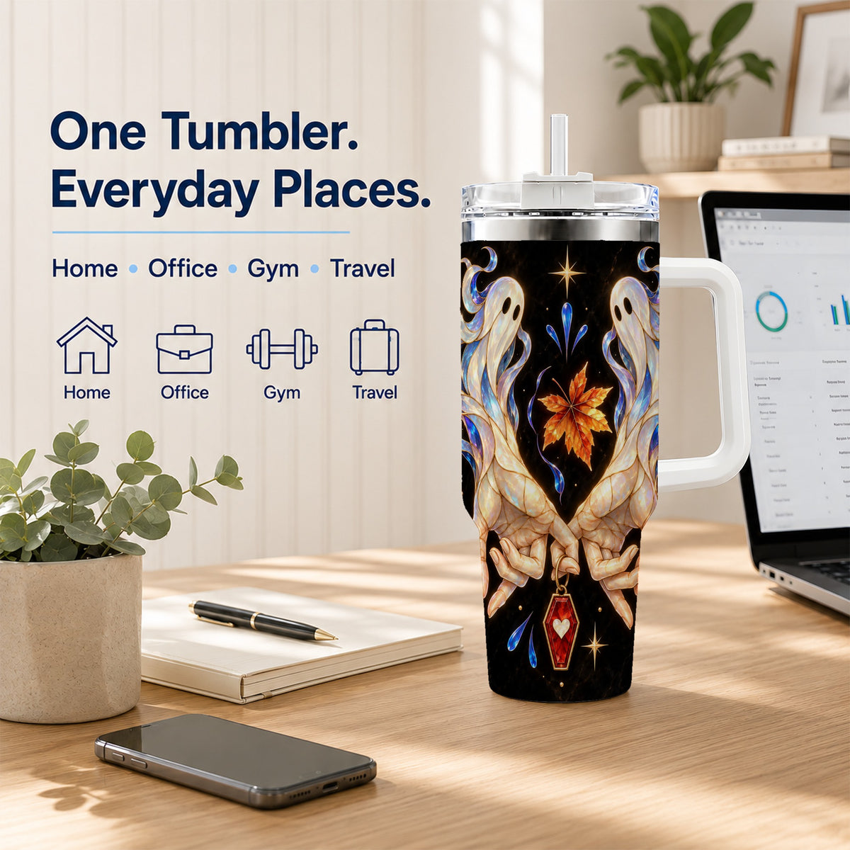 #pl[40oz|White] Stained Ghost 40oz Tumbler, Autumn Spirit Stainless Steel Travel Cup
