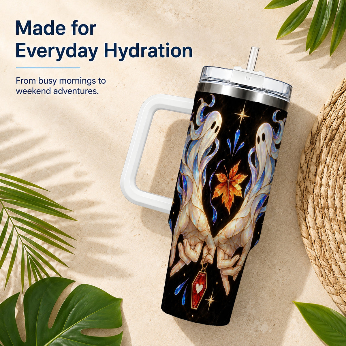 #pl[40oz|White] Stained Ghost 40oz Tumbler, Autumn Spirit Stainless Steel Travel Cup