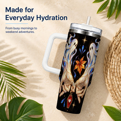 #pl[40oz|White] Stained Ghost 40oz Tumbler, Autumn Spirit Stainless Steel Travel Cup