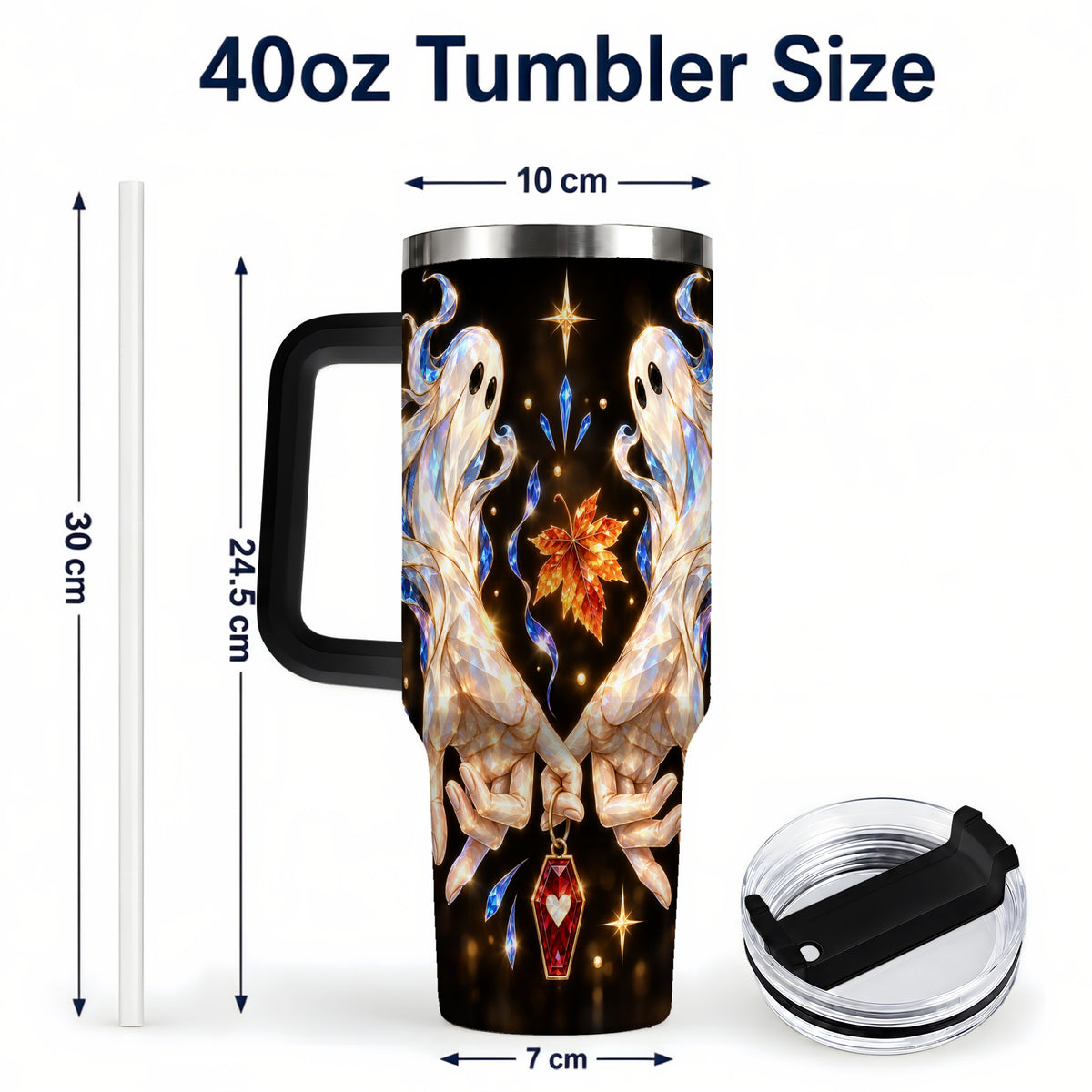 #pl[40oz|Black] Crystal Ghost 40oz Tumbler with Handle, Spirit Stainless Steel Travel Cup
