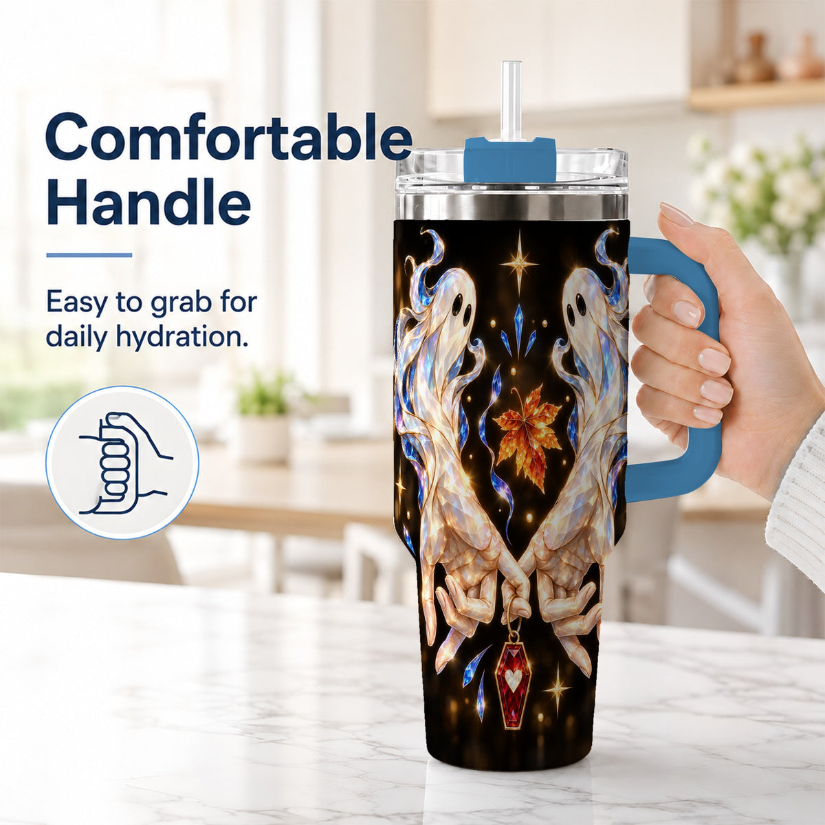 #pl[40oz|Blue] Crystal Ghost 40oz Tumbler with Handle, Spirit Stainless Steel Travel Cup
