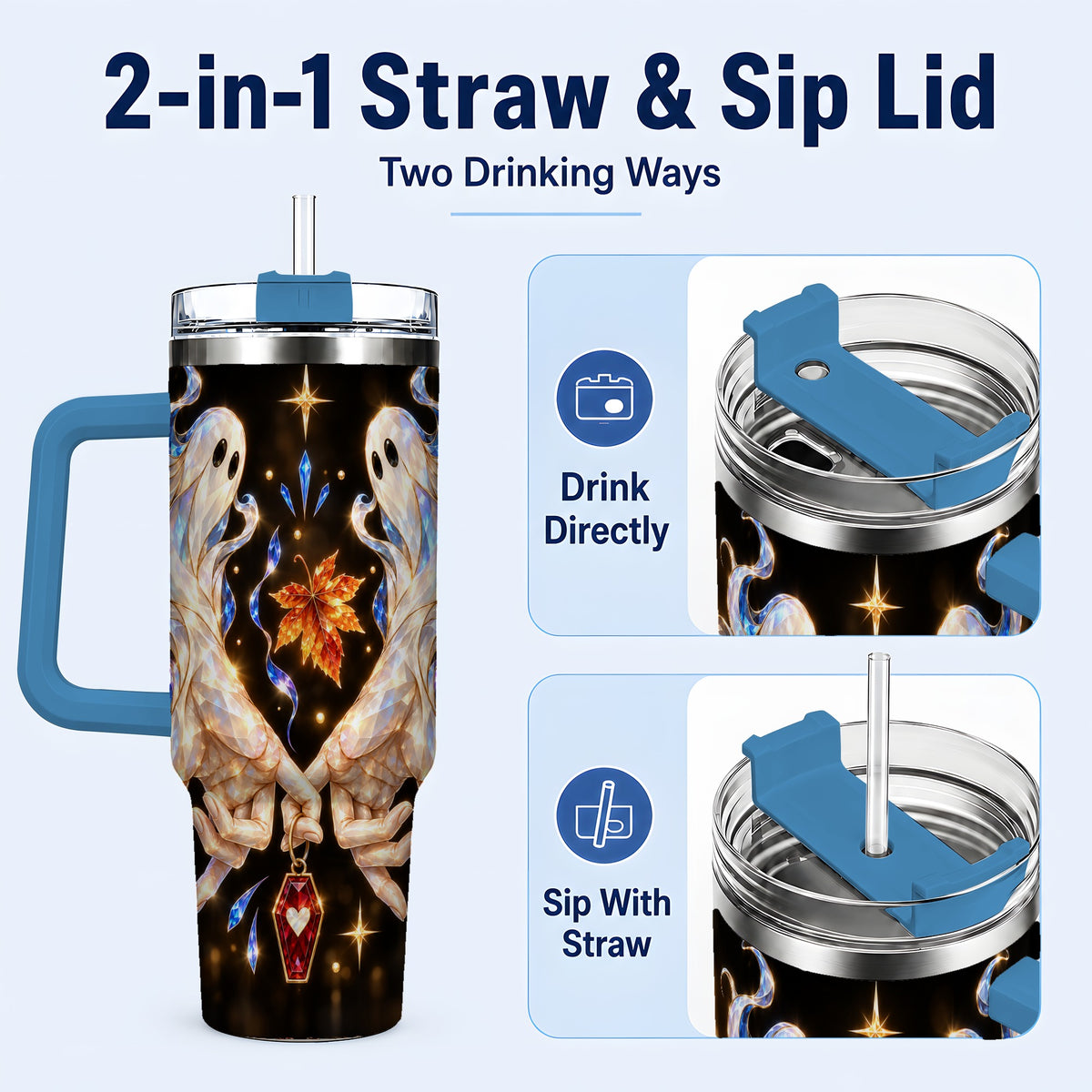 #pl[40oz|Blue] Crystal Ghost 40oz Tumbler with Handle, Spirit Stainless Steel Travel Cup
