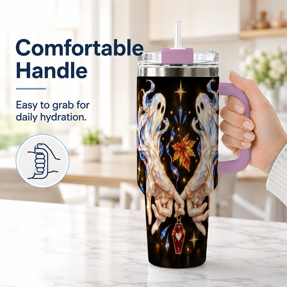 #pl[40oz|Pink] Crystal Ghost 40oz Tumbler with Handle, Spirit Stainless Steel Travel Cup