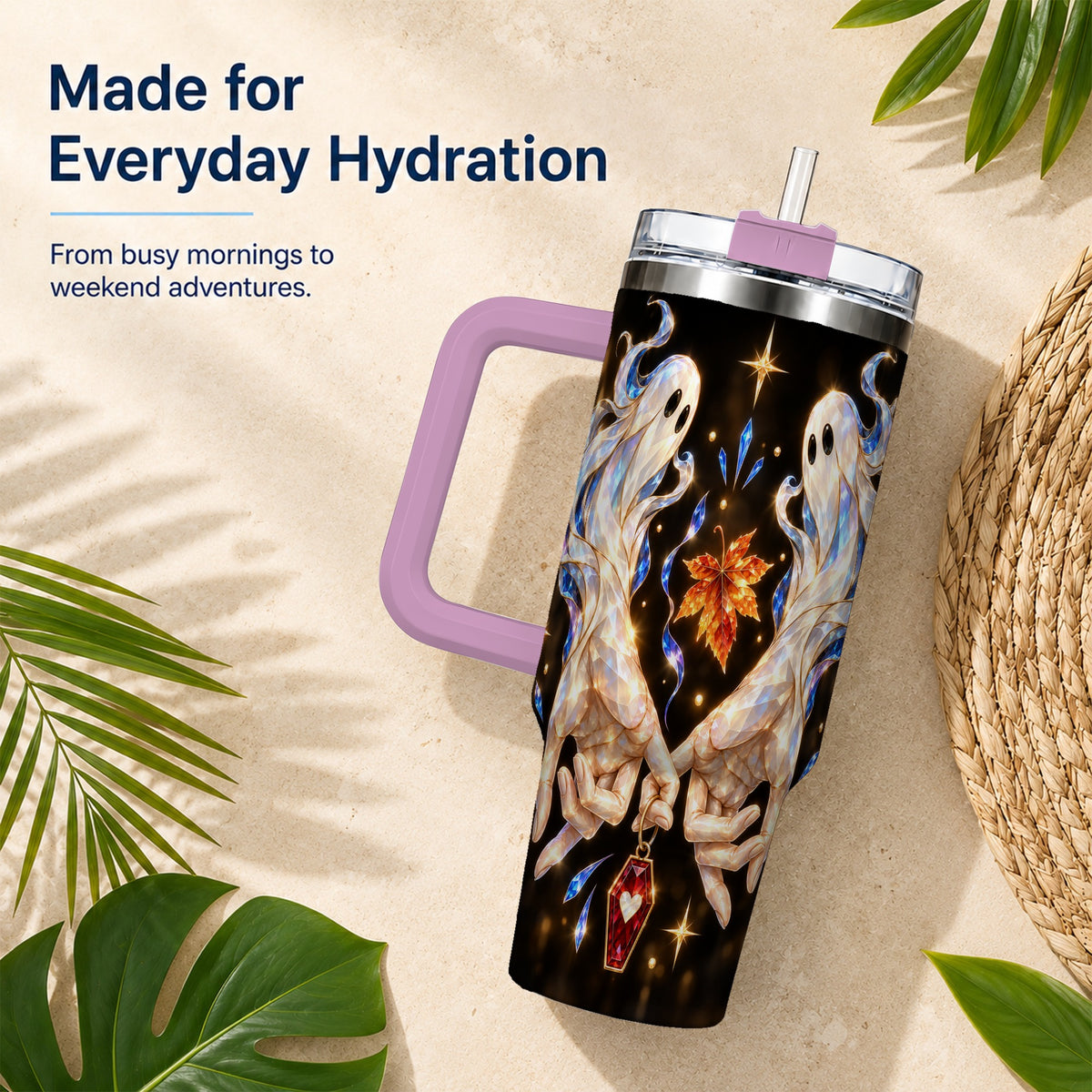 #pl[40oz|Pink] Crystal Ghost 40oz Tumbler with Handle, Spirit Stainless Steel Travel Cup