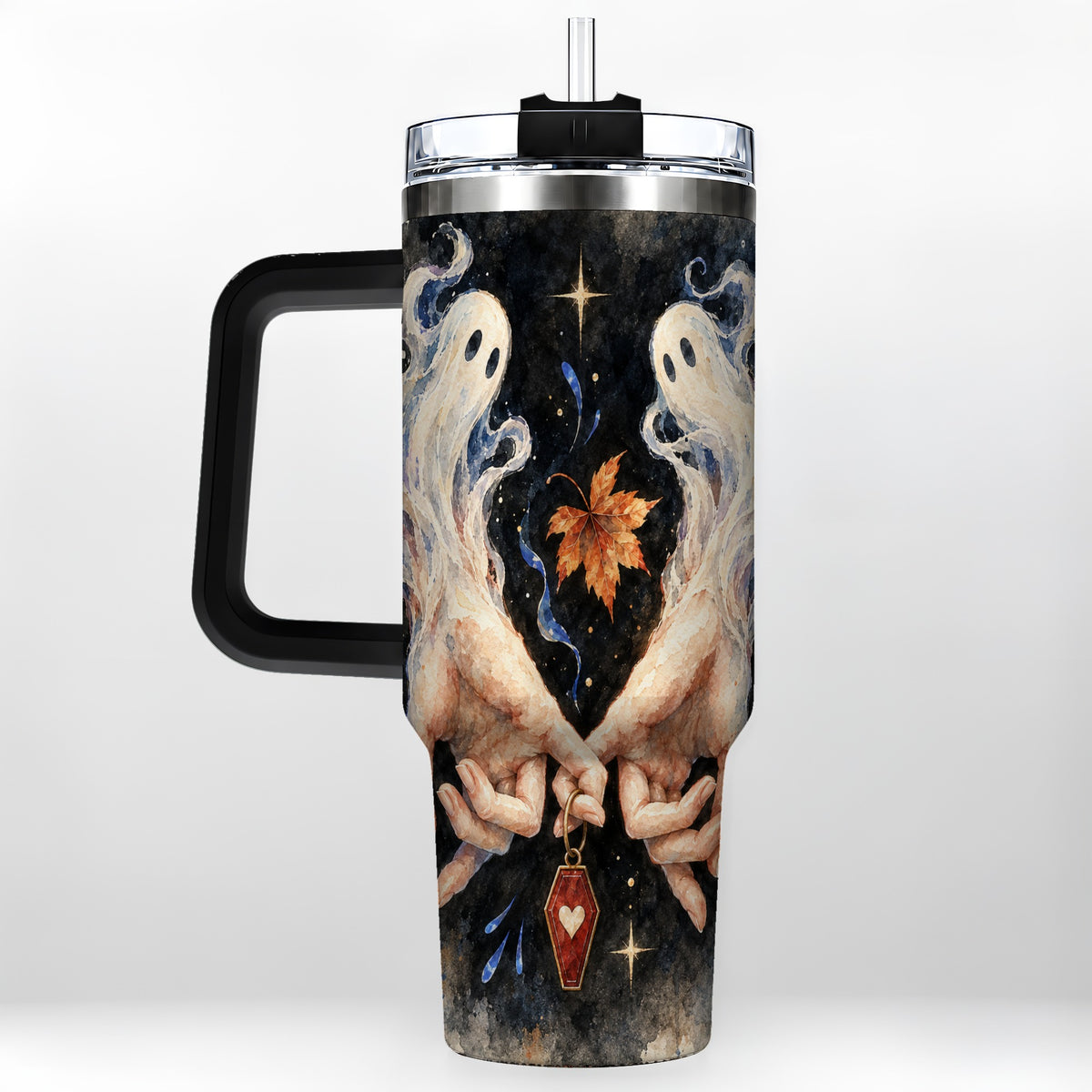 #pl[40oz|Black] Watercolor Ghost 40oz Tumbler with Handle, Autumn Steel Travel Cup