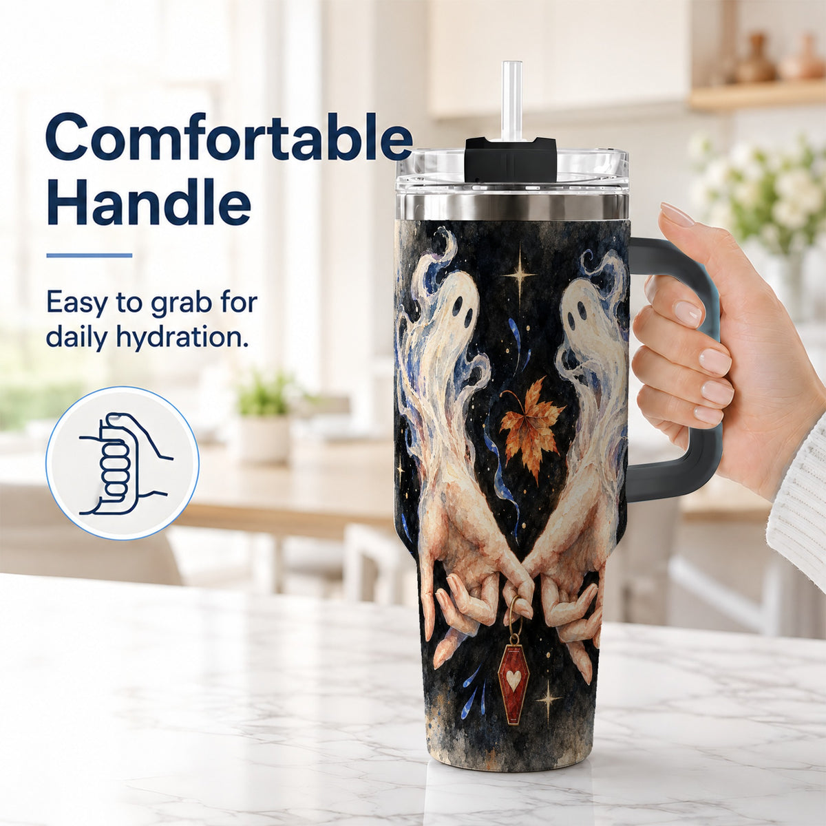 #pl[40oz|Black] Watercolor Ghost 40oz Tumbler with Handle, Autumn Steel Travel Cup