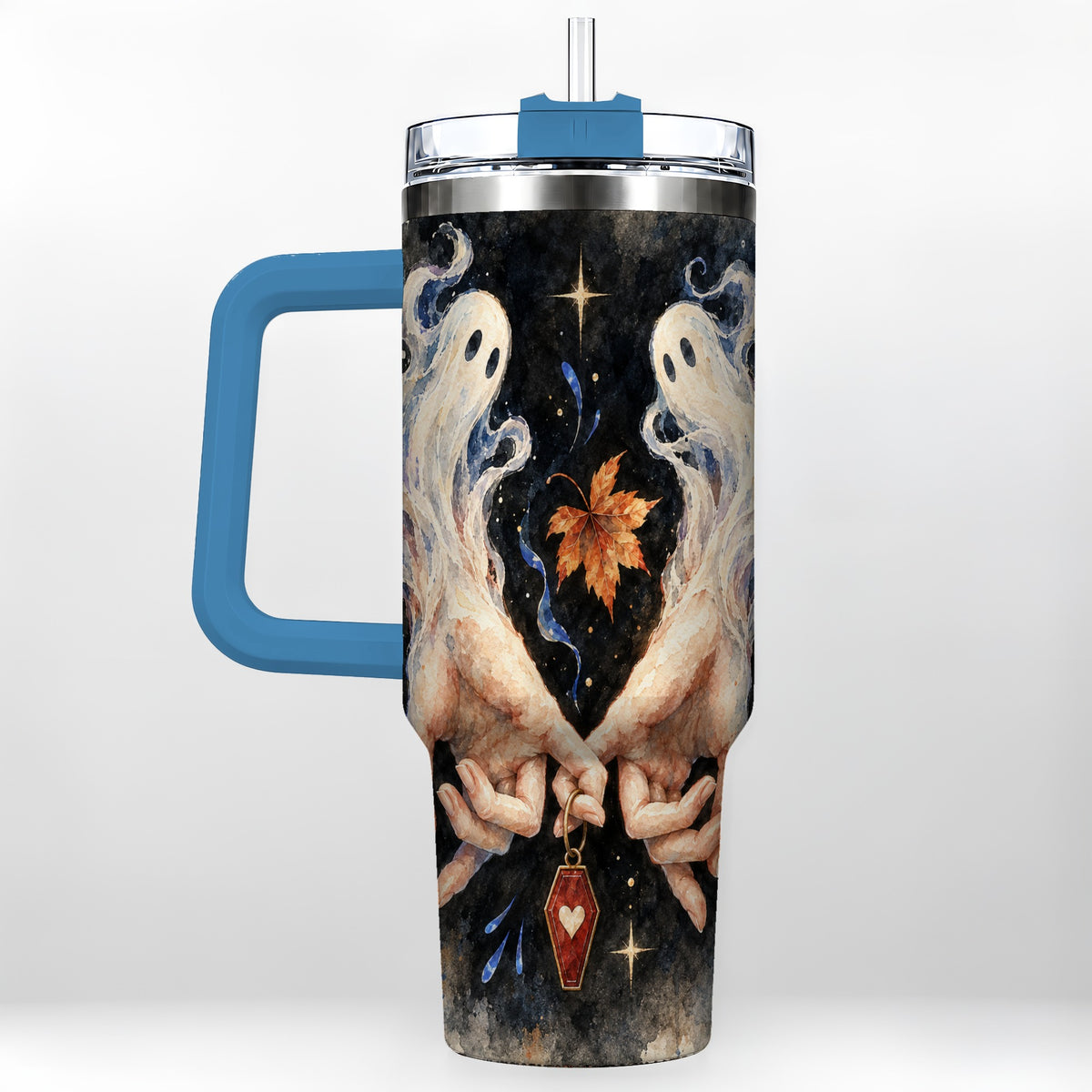#pl[40oz|Blue] Watercolor Ghost 40oz Tumbler with Handle, Autumn Steel Travel Cup