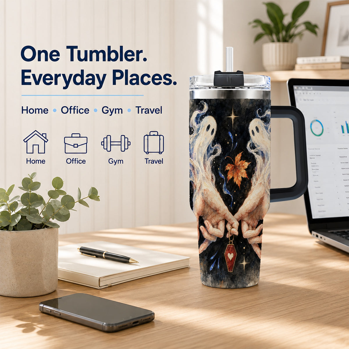 #pl[40oz|Black] Watercolor Ghost 40oz Tumbler with Handle, Autumn Steel Travel Cup