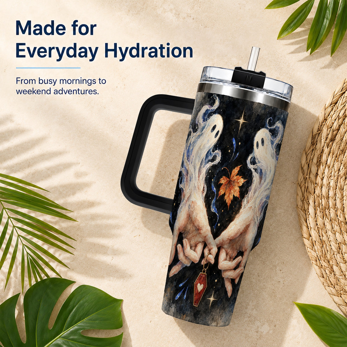 #pl[40oz|Black] Watercolor Ghost 40oz Tumbler with Handle, Autumn Steel Travel Cup