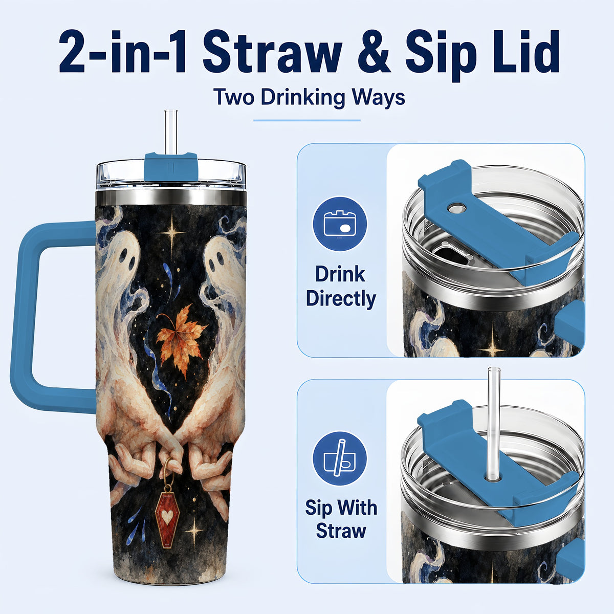 #pl[40oz|Blue] Watercolor Ghost 40oz Tumbler with Handle, Autumn Steel Travel Cup