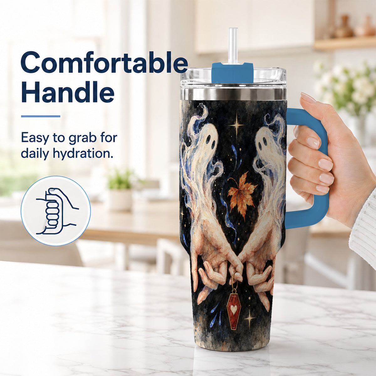 #pl[40oz|Blue] Watercolor Ghost 40oz Tumbler with Handle, Autumn Steel Travel Cup