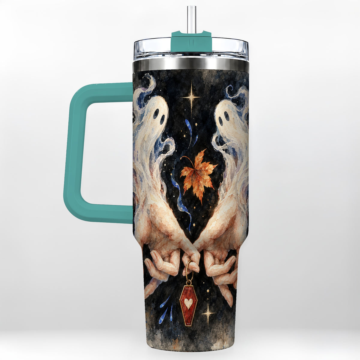 #pl[40oz|Green] Watercolor Ghost 40oz Tumbler with Handle, Autumn Steel Travel Cup