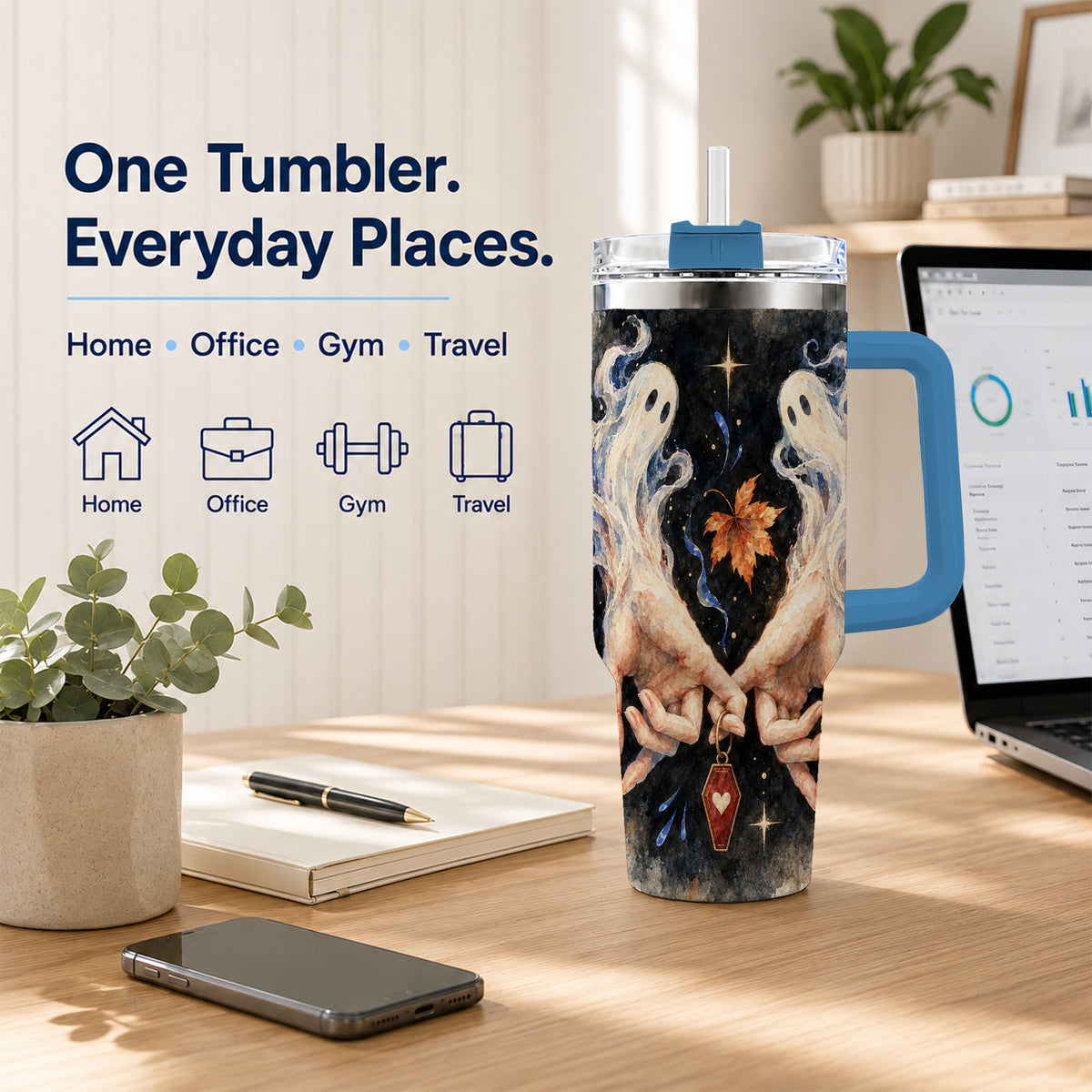 #pl[40oz|Blue] Watercolor Ghost 40oz Tumbler with Handle, Autumn Steel Travel Cup