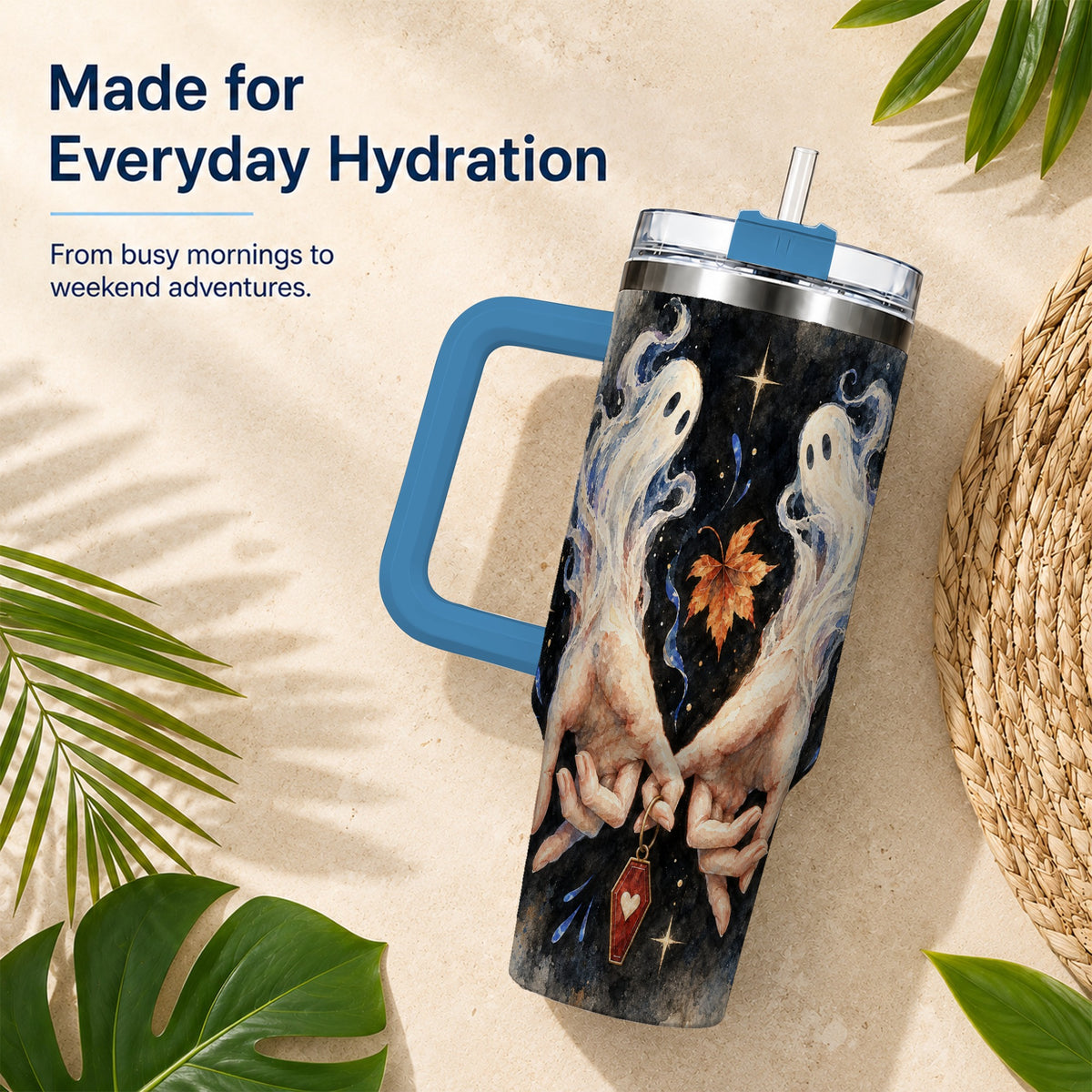 #pl[40oz|Blue] Watercolor Ghost 40oz Tumbler with Handle, Autumn Steel Travel Cup