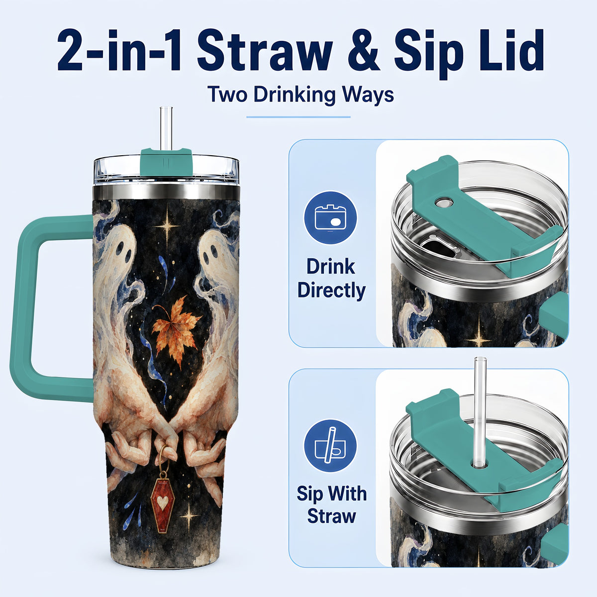 #pl[40oz|Green] Watercolor Ghost 40oz Tumbler with Handle, Autumn Steel Travel Cup