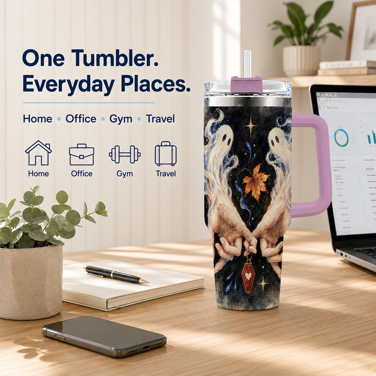 #pl[40oz|Pink] Watercolor Ghost 40oz Tumbler with Handle, Autumn Steel Travel Cup
