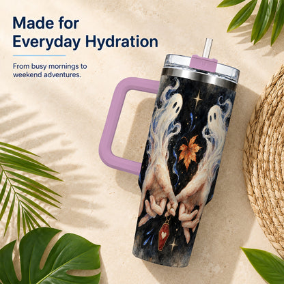 #pl[40oz|Pink] Watercolor Ghost 40oz Tumbler with Handle, Autumn Steel Travel Cup