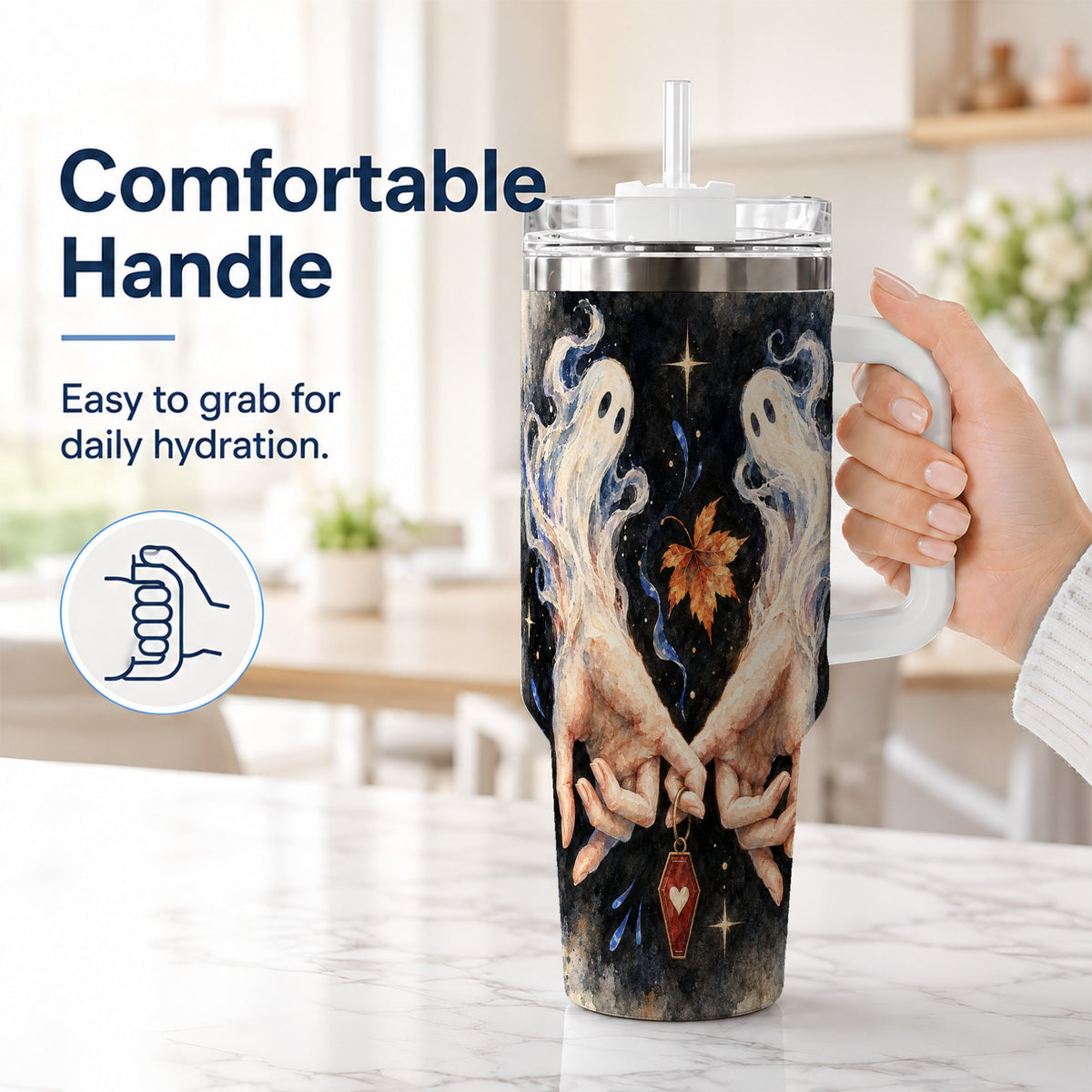 #pl[40oz|White] Watercolor Ghost 40oz Tumbler with Handle, Autumn Steel Travel Cup
