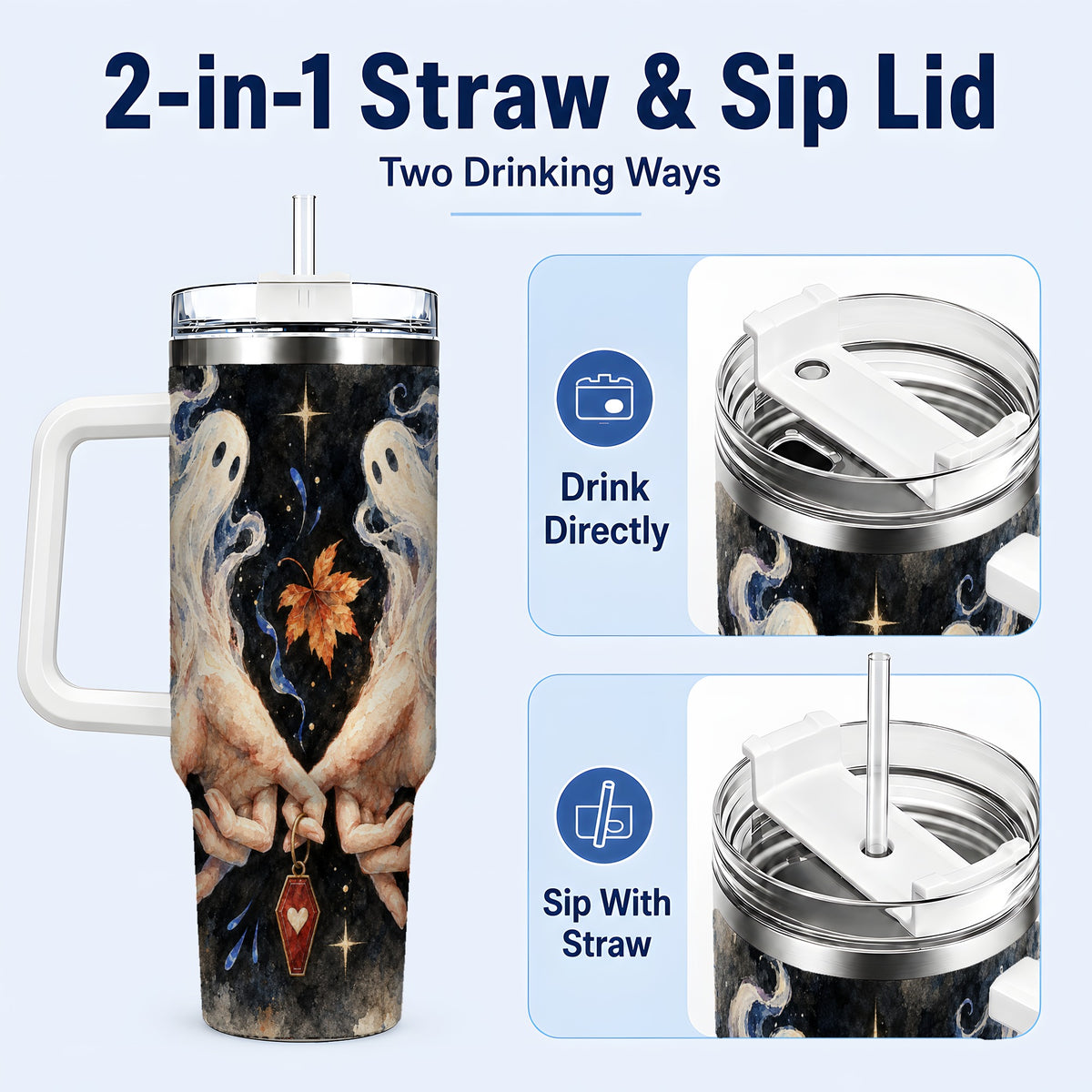 #pl[40oz|White] Watercolor Ghost 40oz Tumbler with Handle, Autumn Steel Travel Cup