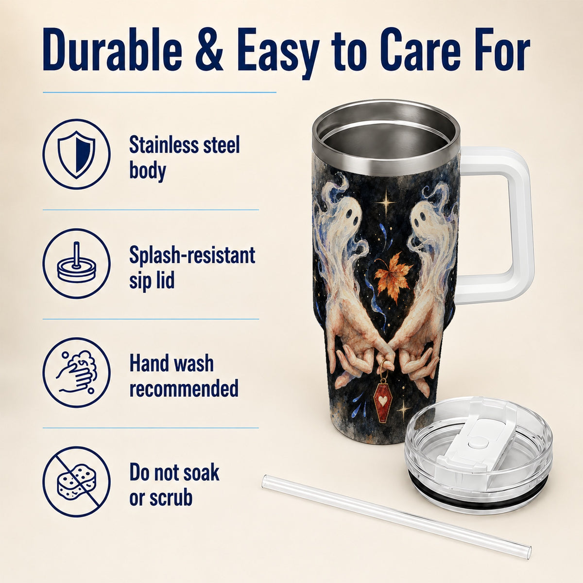 #pl[40oz|White] Watercolor Ghost 40oz Tumbler with Handle, Autumn Steel Travel Cup