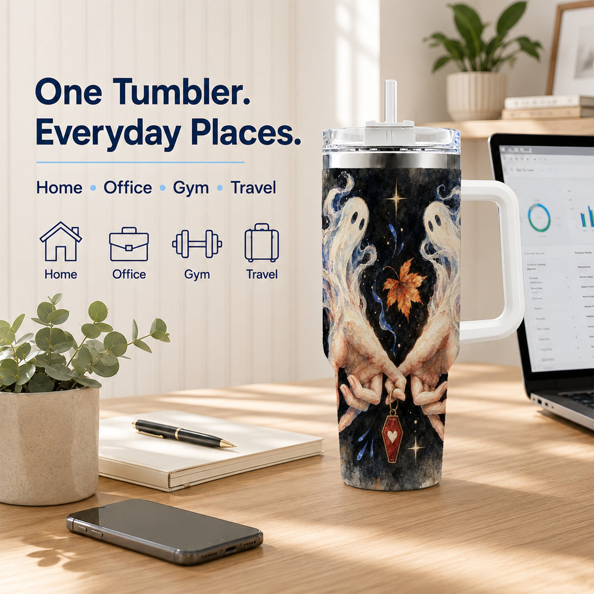 #pl[40oz|White] Watercolor Ghost 40oz Tumbler with Handle, Autumn Steel Travel Cup