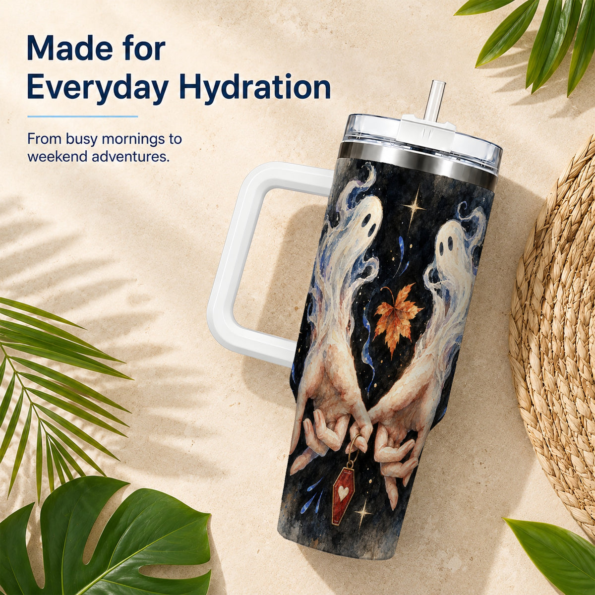 #pl[40oz|White] Watercolor Ghost 40oz Tumbler with Handle, Autumn Steel Travel Cup