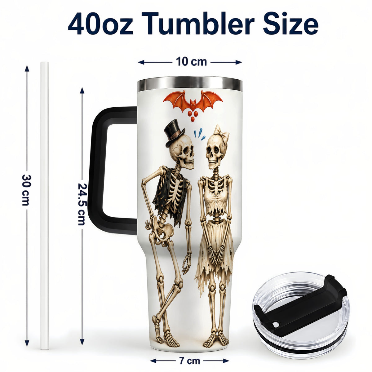#pl[40oz|Black] Skeleton Couple 40oz Tumbler with Handle, Gothic Stainless Steel Travel Cup