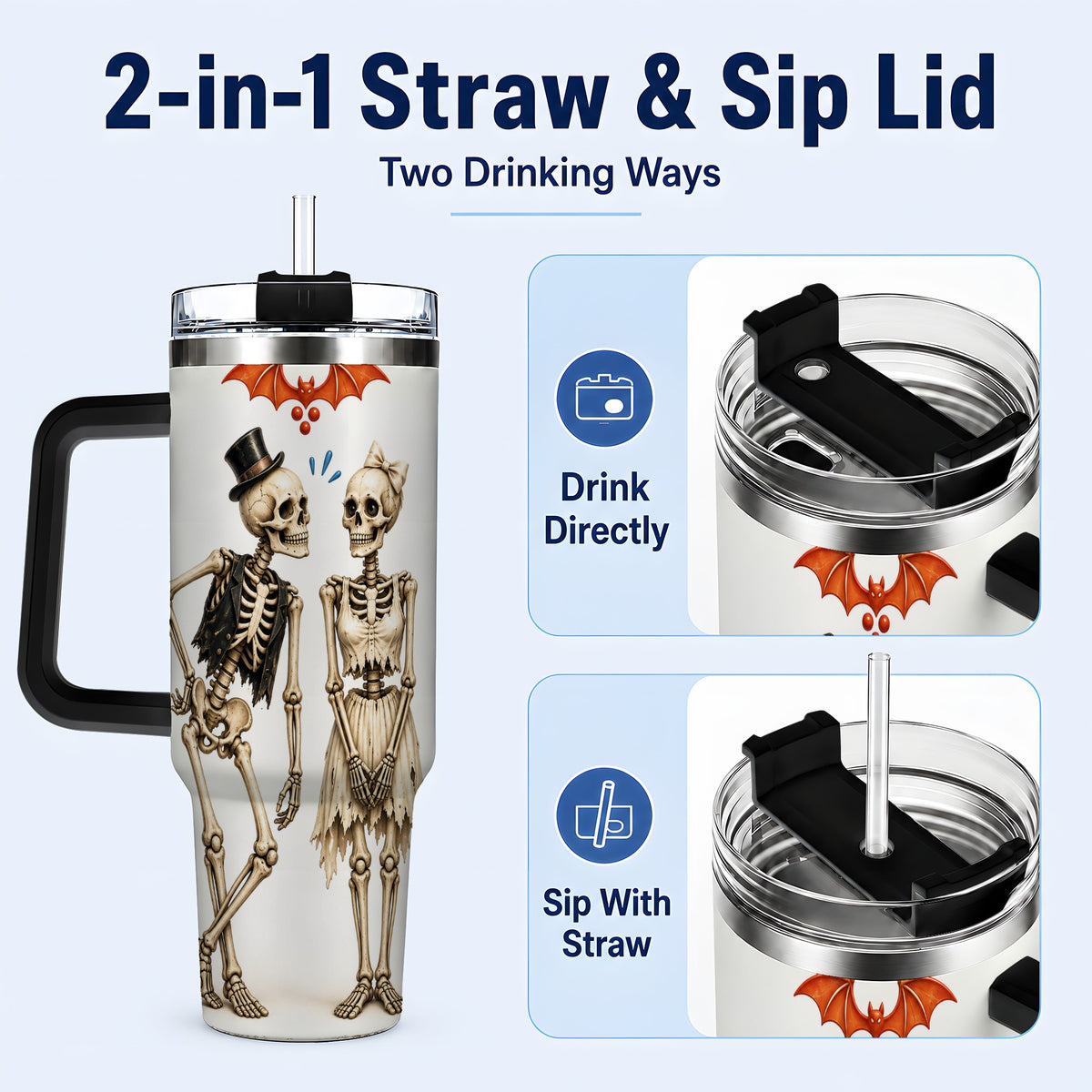 #pl[40oz|Black] Skeleton Couple 40oz Tumbler with Handle, Gothic Stainless Steel Travel Cup