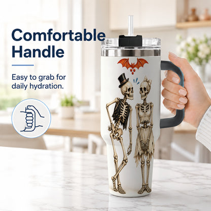 #pl[40oz|Black] Skeleton Couple 40oz Tumbler with Handle, Gothic Stainless Steel Travel Cup