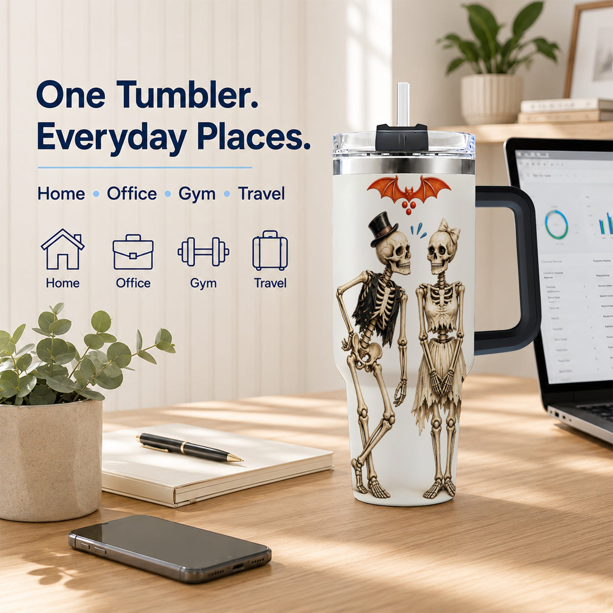 #pl[40oz|Black] Skeleton Couple 40oz Tumbler with Handle, Gothic Stainless Steel Travel Cup