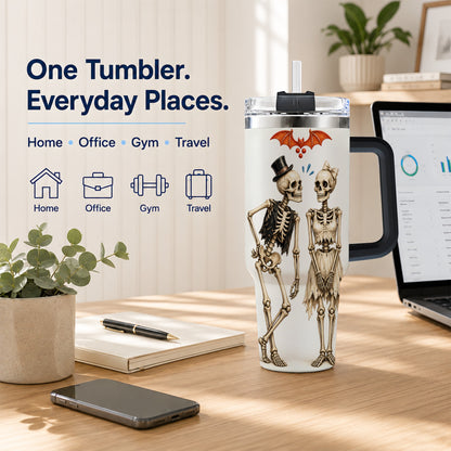 #pl[40oz|Black] Skeleton Couple 40oz Tumbler with Handle, Gothic Stainless Steel Travel Cup