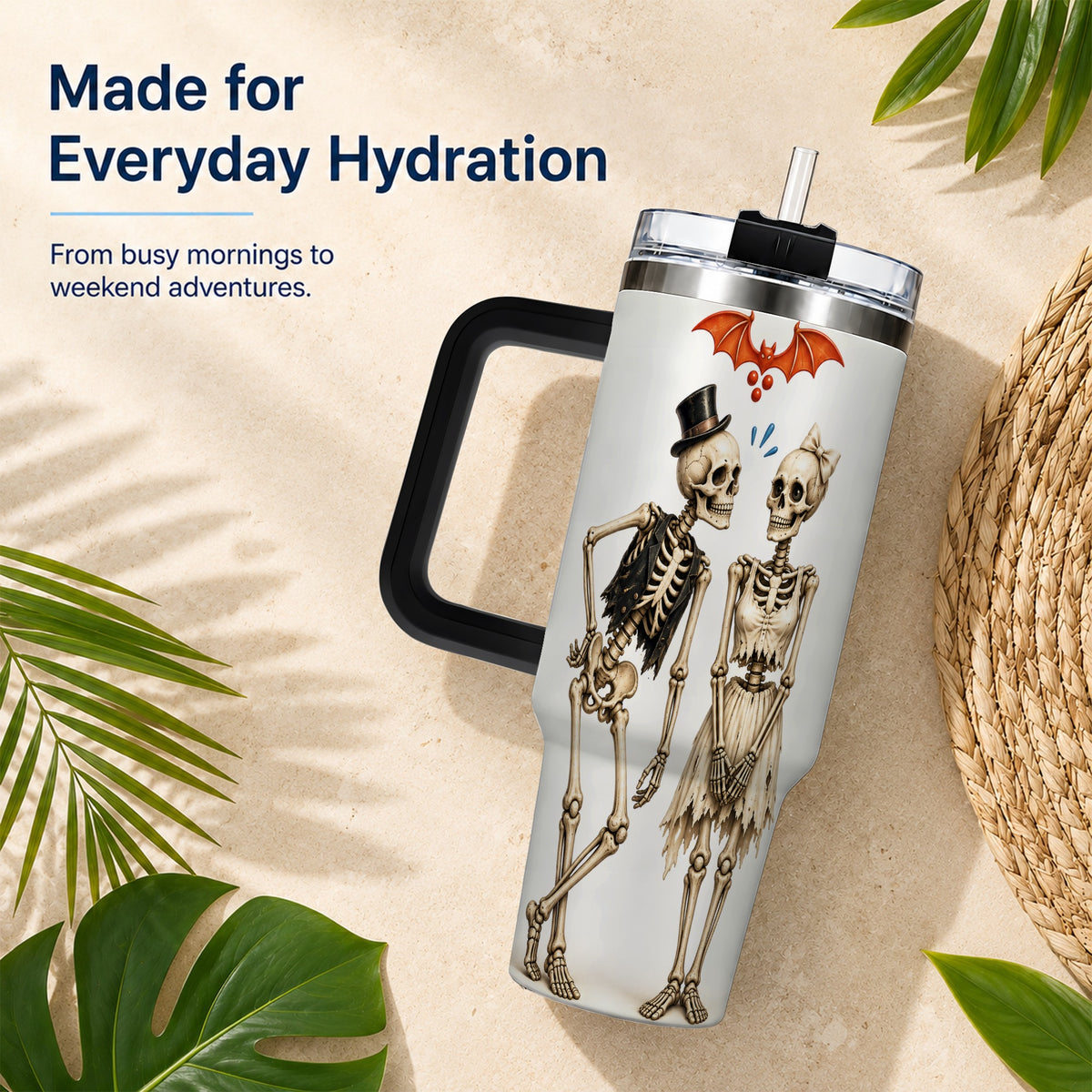 #pl[40oz|Black] Skeleton Couple 40oz Tumbler with Handle, Gothic Stainless Steel Travel Cup