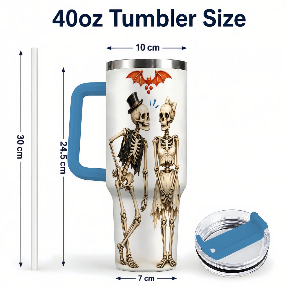 #pl[40oz|Blue] Skeleton Couple 40oz Tumbler with Handle, Gothic Stainless Steel Travel Cup