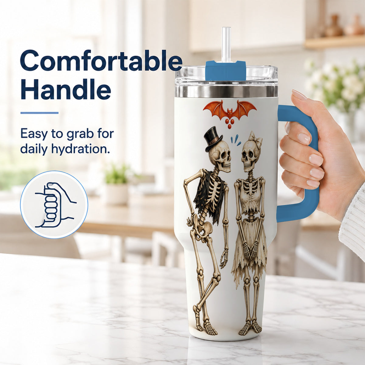 #pl[40oz|Blue] Skeleton Couple 40oz Tumbler with Handle, Gothic Stainless Steel Travel Cup