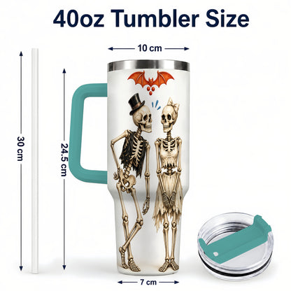 #pl[40oz|Green] Skeleton Couple 40oz Tumbler with Handle, Gothic Stainless Steel Travel Cup
