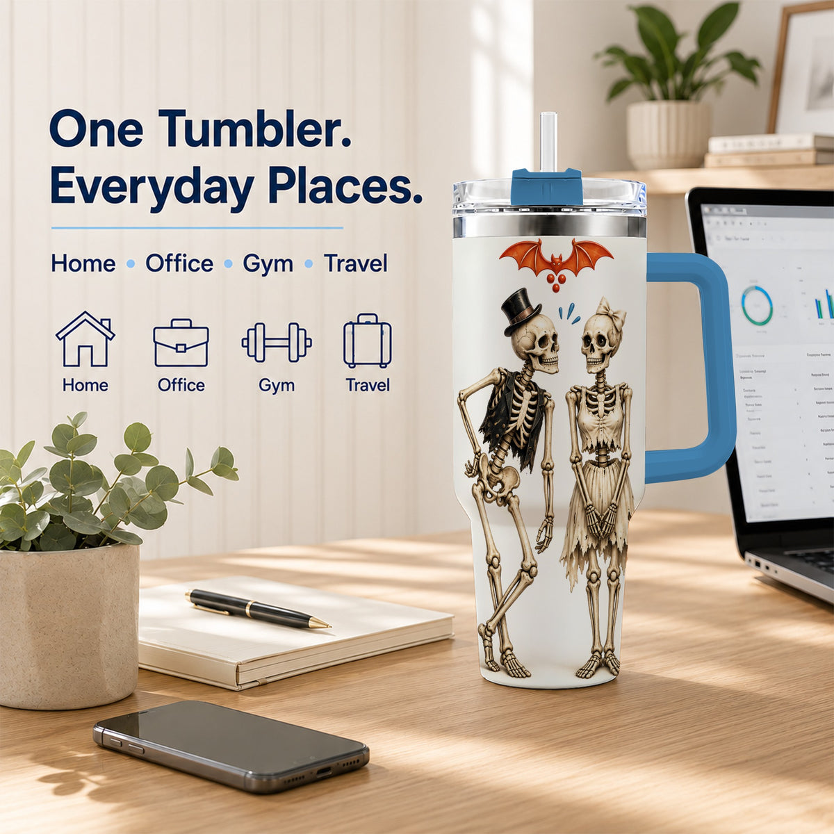 #pl[40oz|Blue] Skeleton Couple 40oz Tumbler with Handle, Gothic Stainless Steel Travel Cup