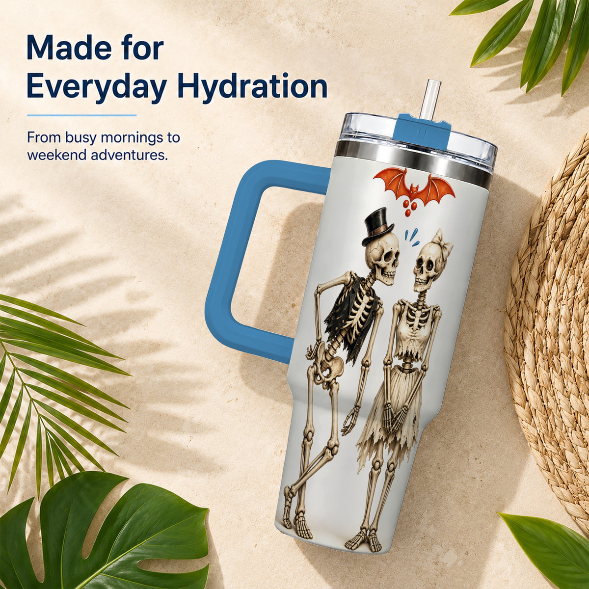 #pl[40oz|Blue] Skeleton Couple 40oz Tumbler with Handle, Gothic Stainless Steel Travel Cup