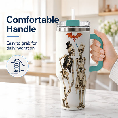 #pl[40oz|Green] Skeleton Couple 40oz Tumbler with Handle, Gothic Stainless Steel Travel Cup