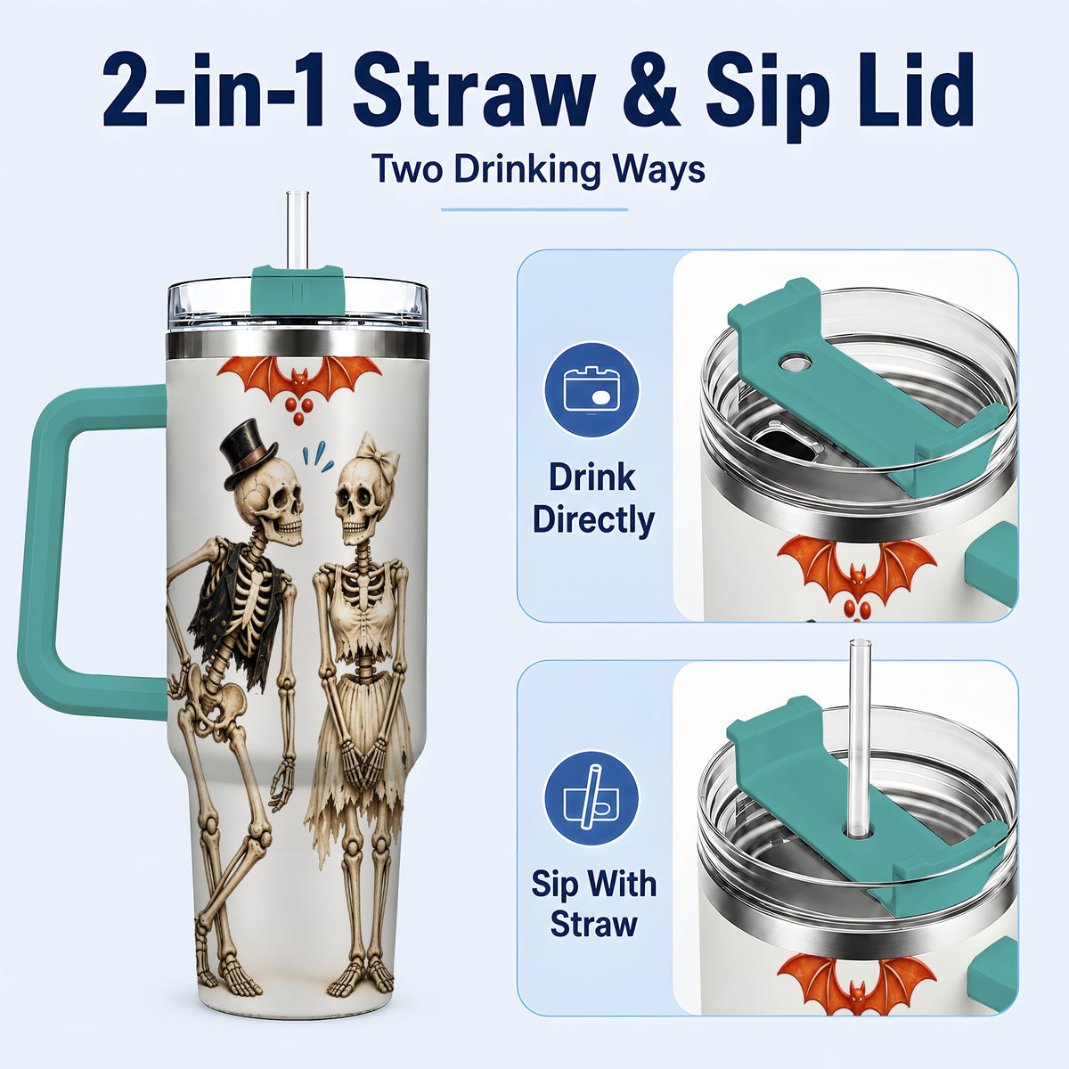 #pl[40oz|Green] Skeleton Couple 40oz Tumbler with Handle, Gothic Stainless Steel Travel Cup